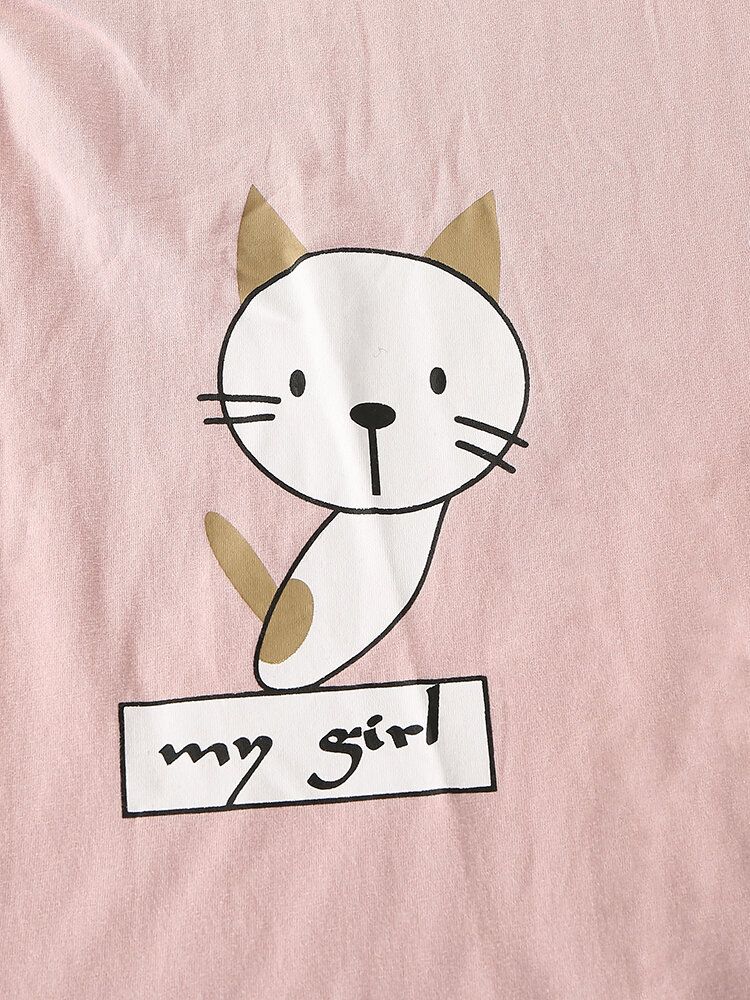 Femmes Dessin Animé Chat Imprimé À Manches Longues Pull Taille Élastique Poche Pantalon Rose Maison Pyjama Ensemble