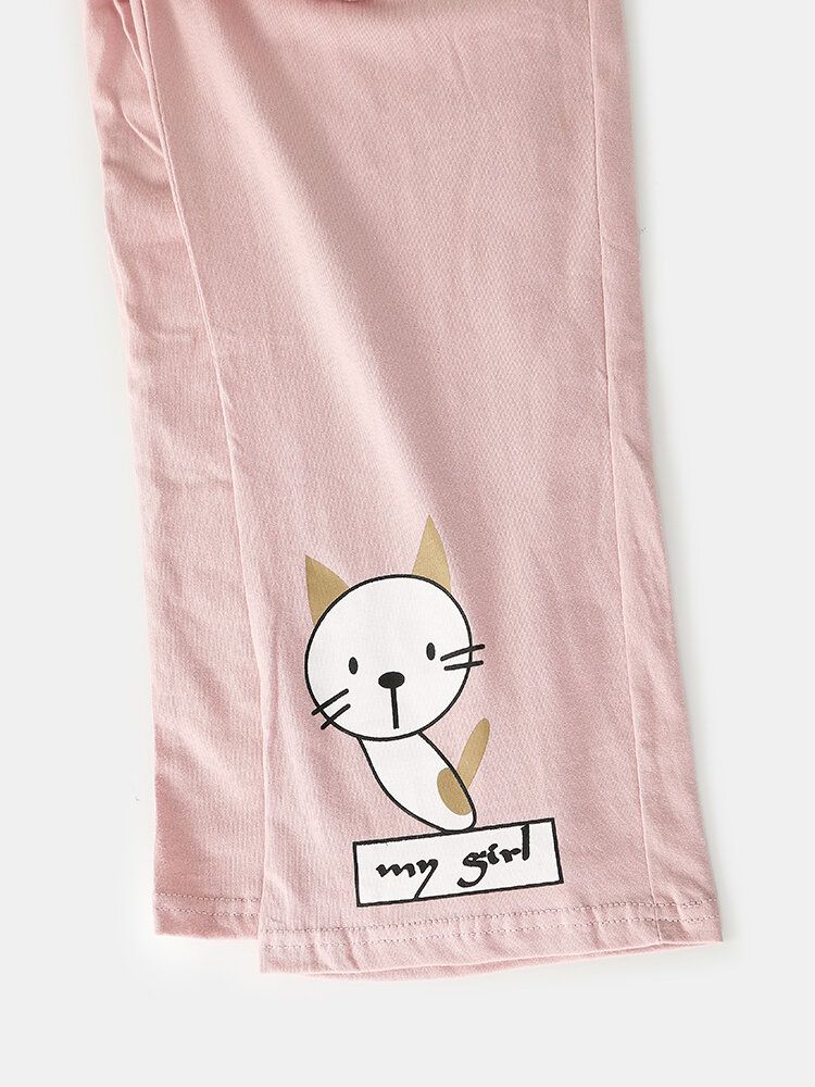 Femmes Dessin Animé Chat Imprimé À Manches Longues Pull Taille Élastique Poche Pantalon Rose Maison Pyjama Ensemble