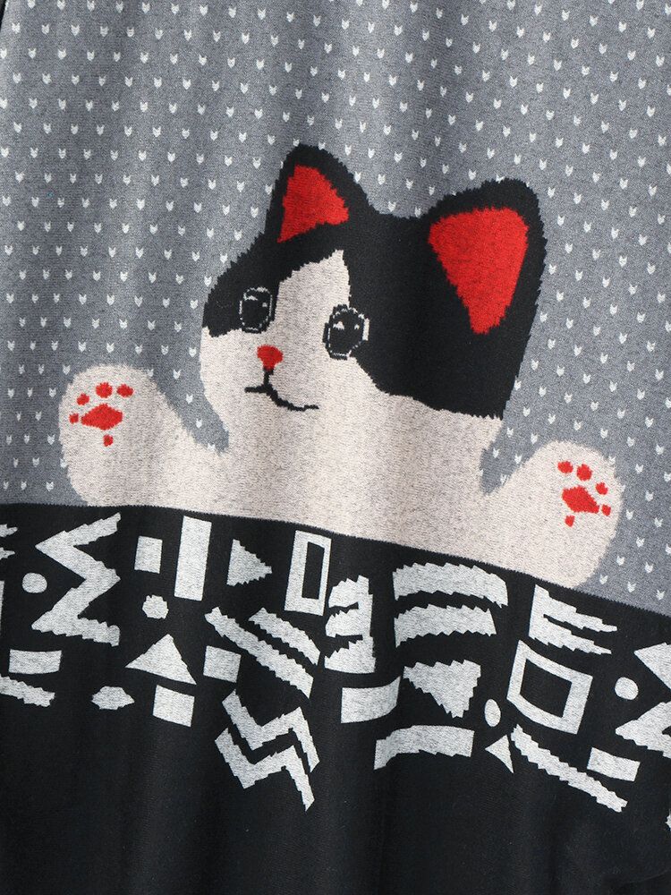 Femmes Dessin Animé Chat Motif Col Rond Manches Longues Coupe Décontractée Blouses