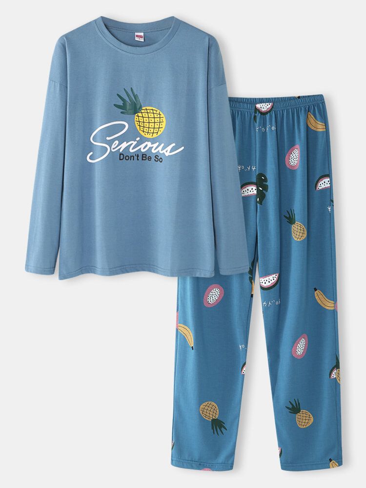 Femmes Dessin Animé Fruits Imprimé Col Rond Pantalon Ample Coton Confortable Grande Taille Maison Pyjamas Ensembles