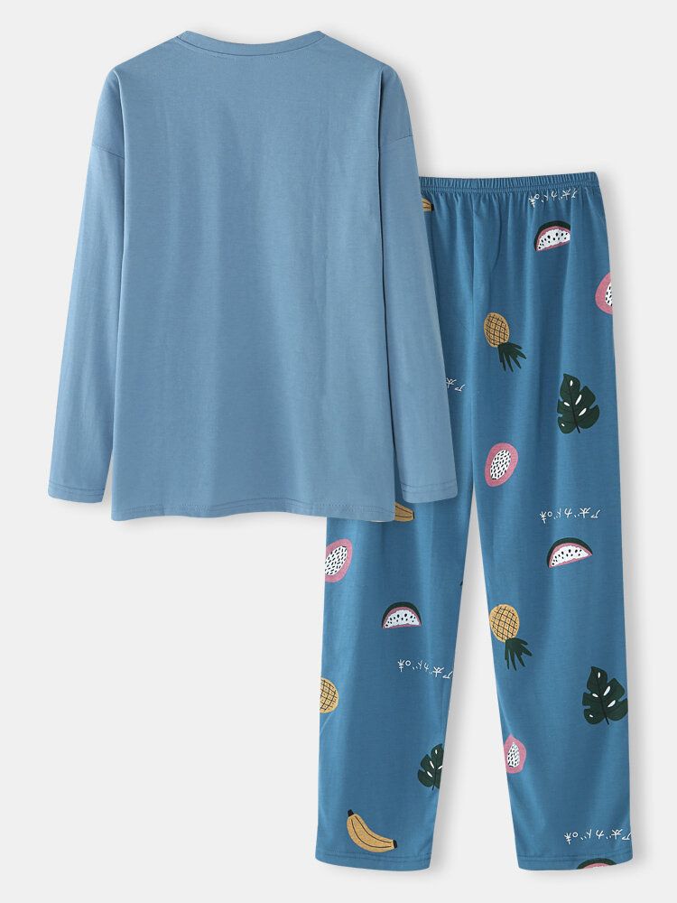 Femmes Dessin Animé Fruits Imprimé Col Rond Pantalon Ample Coton Confortable Grande Taille Maison Pyjamas Ensembles