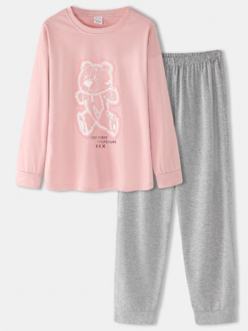 Femmes Dessin Animé Imprimé Rose Pull Taille Élastique Poche Maison Pyjama Décontracté