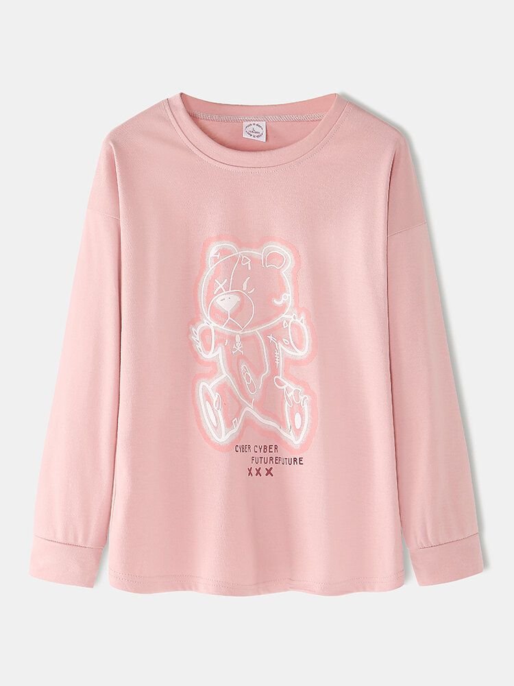 Femmes Dessin Animé Imprimé Rose Pull Taille Élastique Poche Maison Pyjama Décontracté