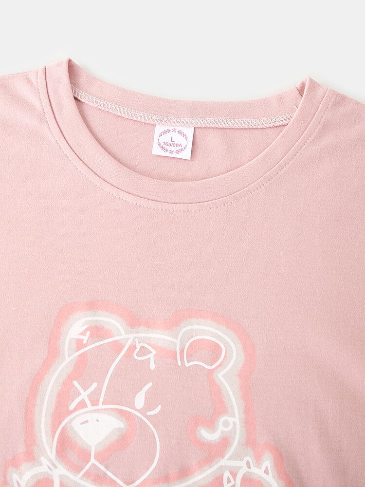 Femmes Dessin Animé Imprimé Rose Pull Taille Élastique Poche Maison Pyjama Décontracté