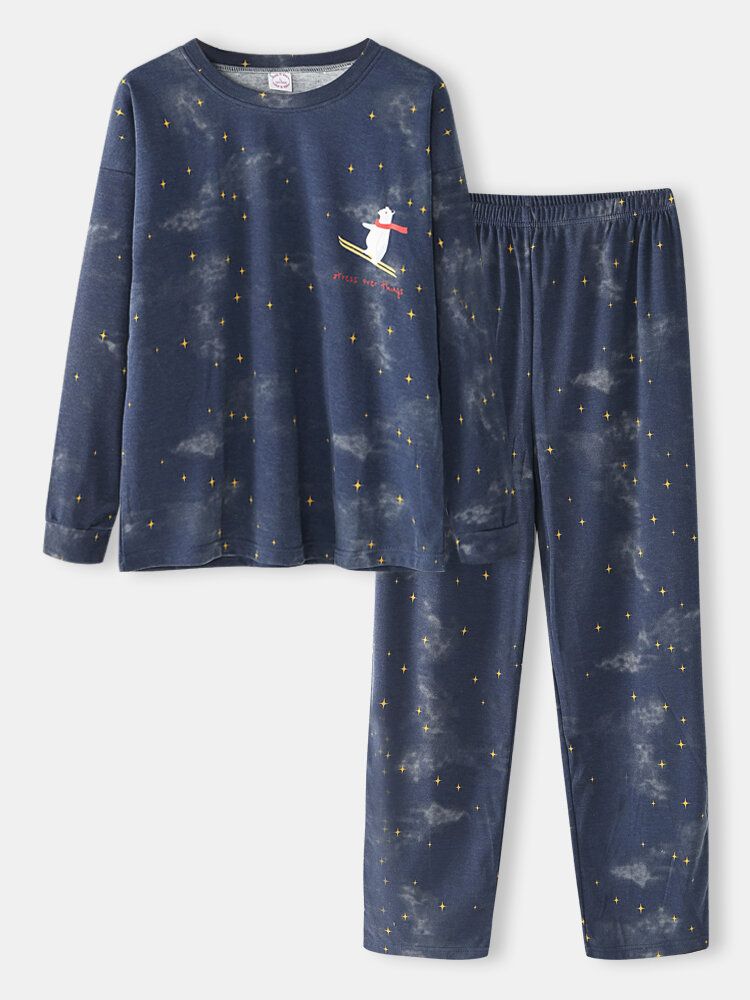 Femmes Dessin Animé Ours Polaire Ciel Étoilé Imprimé Pull Taille Élastique Poche Pantalon Maison Pyjama Ensemble