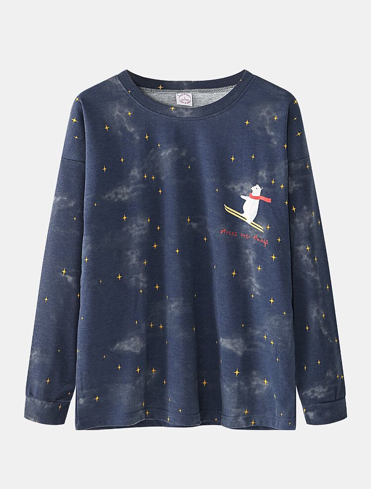 Femmes Dessin Animé Ours Polaire Ciel Étoilé Imprimé Pull Taille Élastique Poche Pantalon Maison Pyjama Ensemble