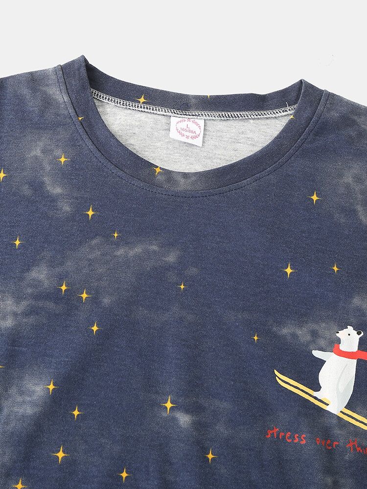 Femmes Dessin Animé Ours Polaire Ciel Étoilé Imprimé Pull Taille Élastique Poche Pantalon Maison Pyjama Ensemble