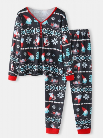 Femmes Dessin Animé Père Noël Imprimé Col En V À Manches Longues Pull Ample Survêtement Pantalon Noël Maison Pyjama Ensemble