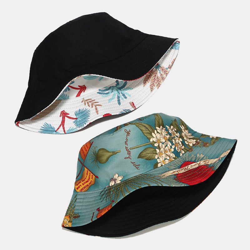 Femmes Double Face Été Protection Uv Motif De Plantes Marines Décontracté Simple Chapeau De Soleil Seau Chapeau