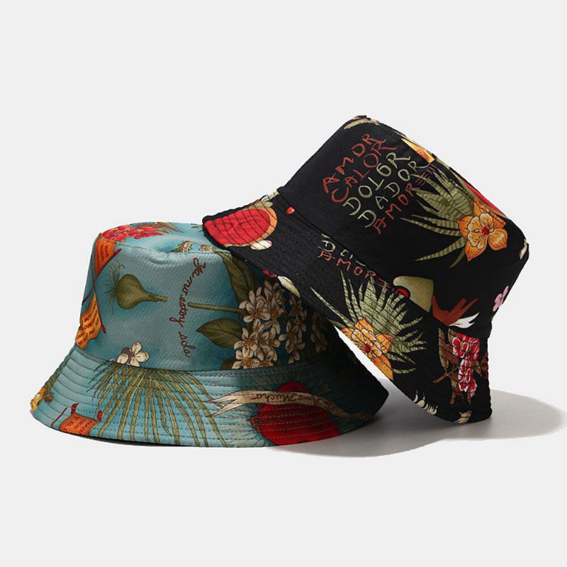 Femmes Double Face Été Protection Uv Motif De Plantes Marines Décontracté Simple Chapeau De Soleil Seau Chapeau