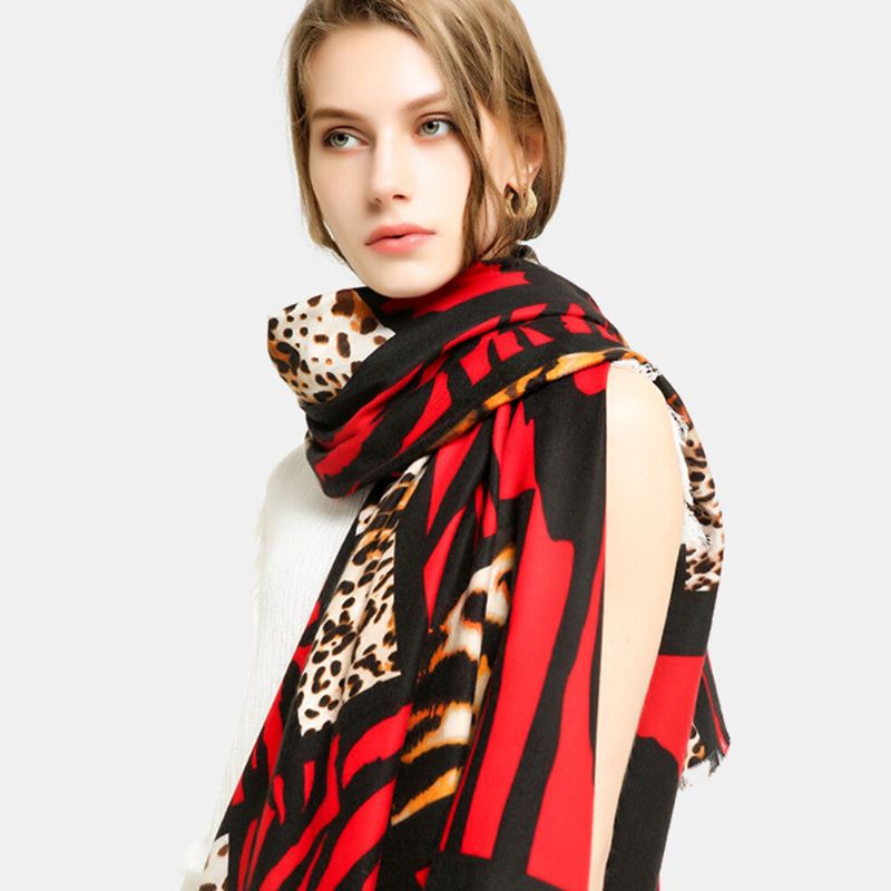 Femmes Double-face Satin Imprimé Zèbre Léopard Motif Écharpe Automne Hiver Super Long Épaissir Chaleur Châles Foulard