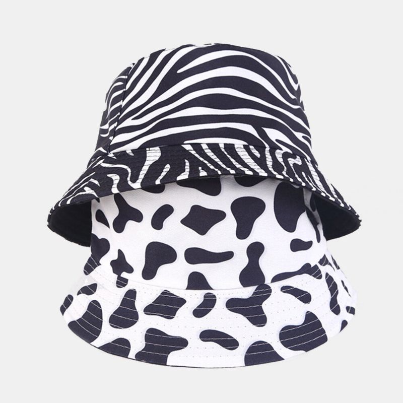 Femmes Double-side-wear Zebra Cow Panda Motif Imprimer Seau Chapeau Mode Casual All-match Crème Solaire Chapeau De Plage