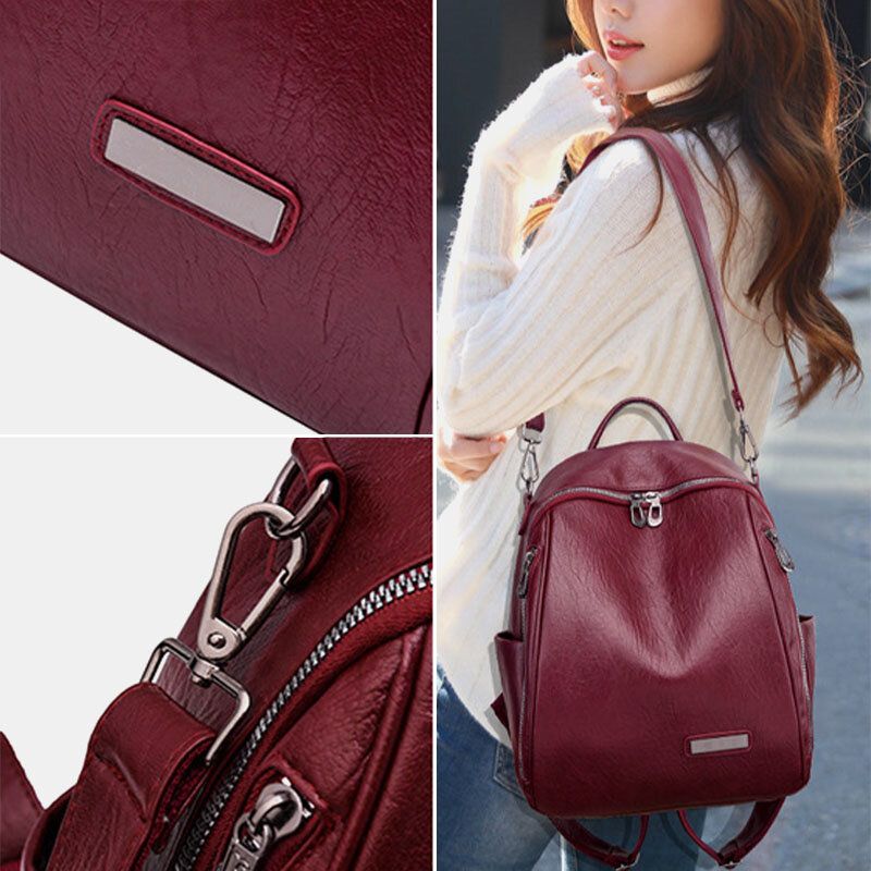 Femmes Double Usage Mode Grande Capacité Poche Principale Sac À Dos En Cuir Souple Dos Anti-vol Poche À Fermeture Éclair Sac À Bandoulière Sac À Main