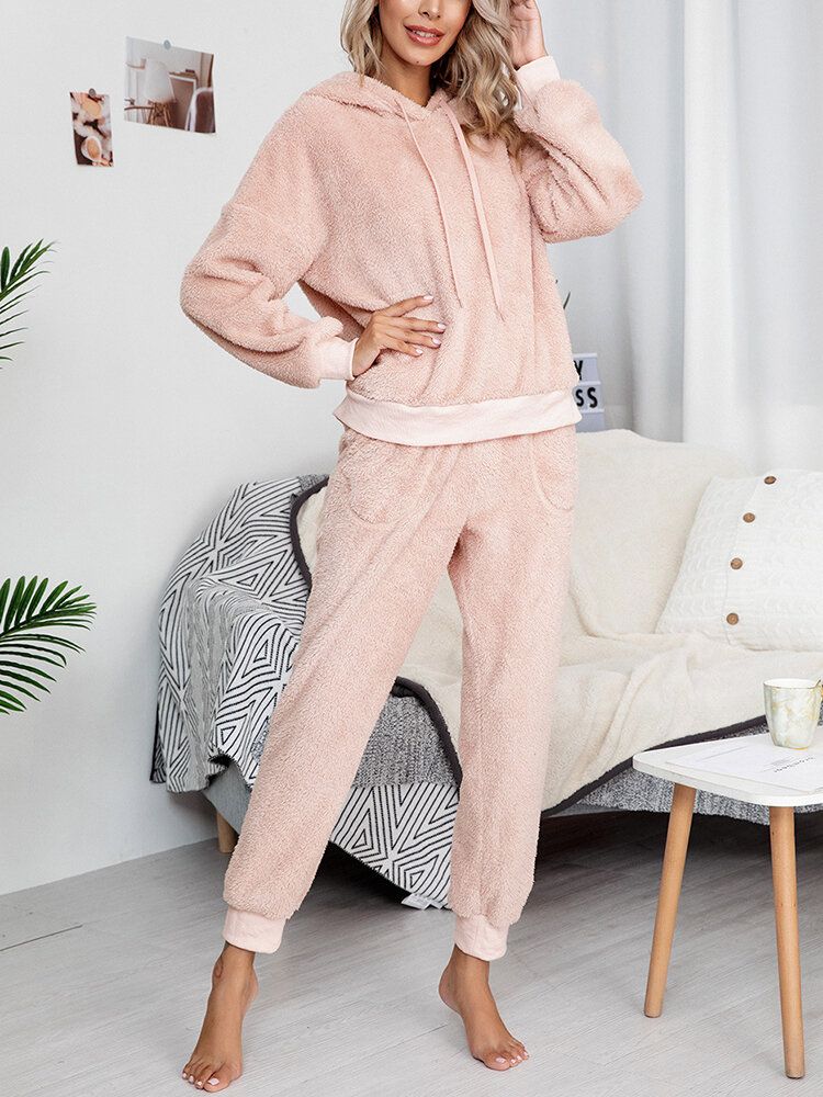 Femmes Doux Couleur Unie À Capuche Poche Taille Élastique Jogger Pantalon Maison En Peluche Pyjama Ensemble