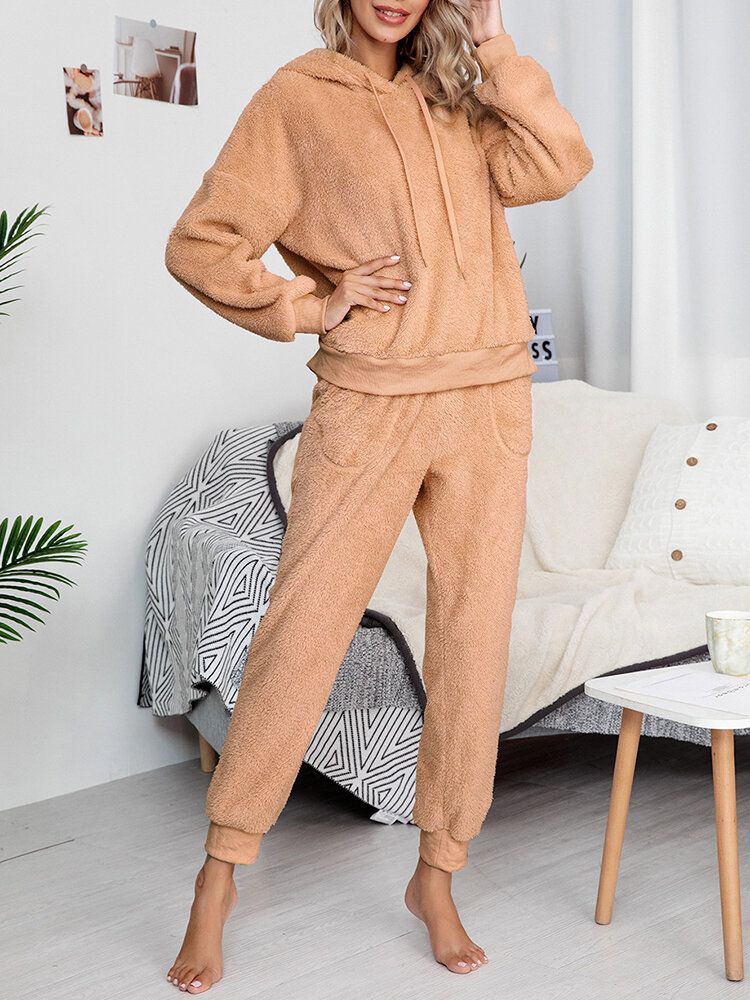 Femmes Doux Couleur Unie À Capuche Poche Taille Élastique Jogger Pantalon Maison En Peluche Pyjama Ensemble