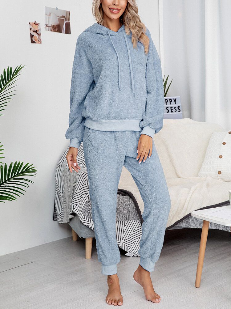 Femmes Doux Couleur Unie À Capuche Poche Taille Élastique Jogger Pantalon Maison En Peluche Pyjama Ensemble