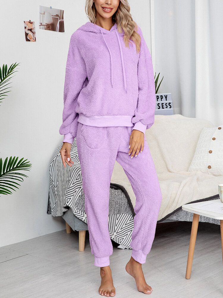 Femmes Doux Couleur Unie À Capuche Poche Taille Élastique Jogger Pantalon Maison En Peluche Pyjama Ensemble