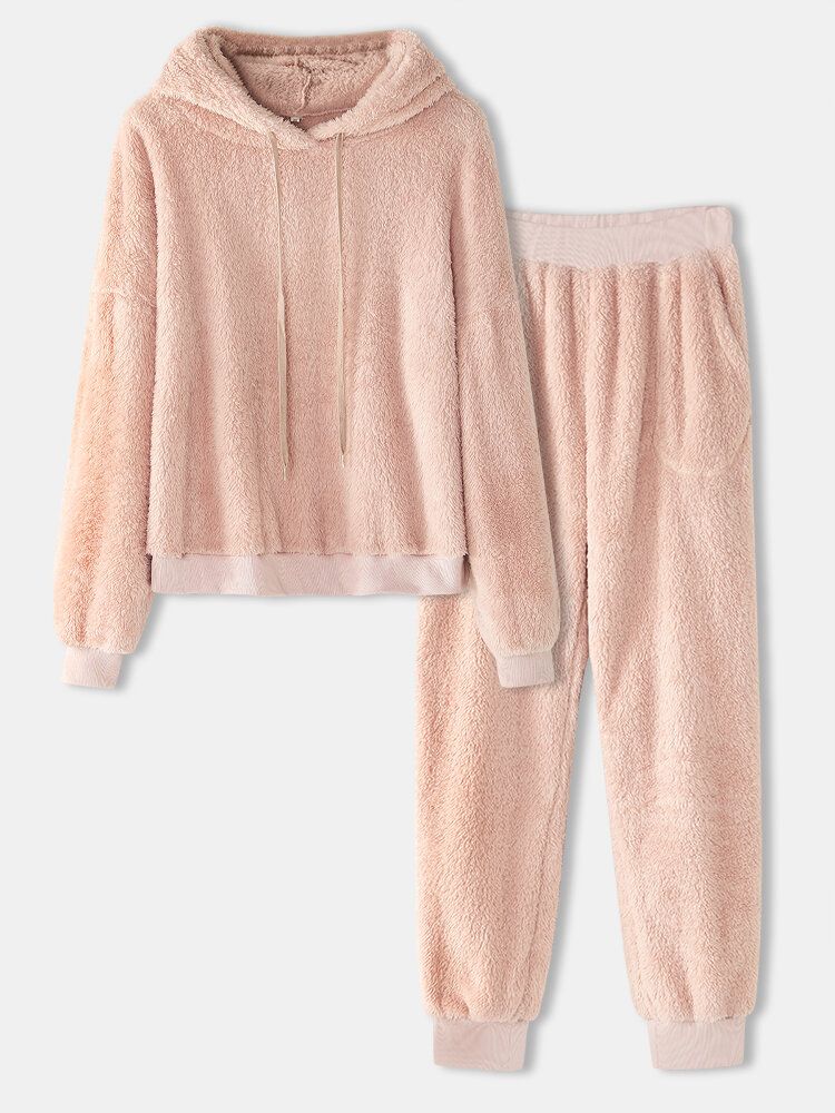 Femmes Doux Couleur Unie À Capuche Poche Taille Élastique Jogger Pantalon Maison En Peluche Pyjama Ensemble