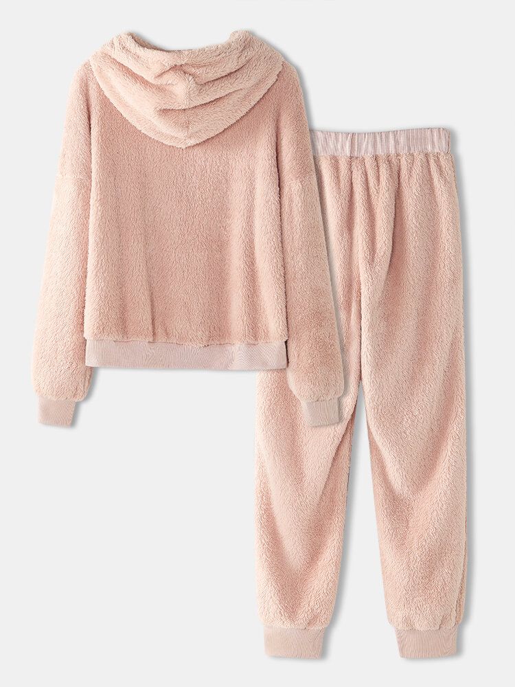 Femmes Doux Couleur Unie À Capuche Poche Taille Élastique Jogger Pantalon Maison En Peluche Pyjama Ensemble