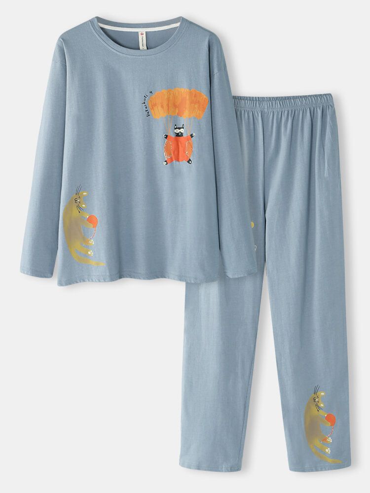 Femmes Drôle Dessin Animé Chat Imprimé Col Rond Pull Taille Élastique Maison Coton Pyjama Ensemble