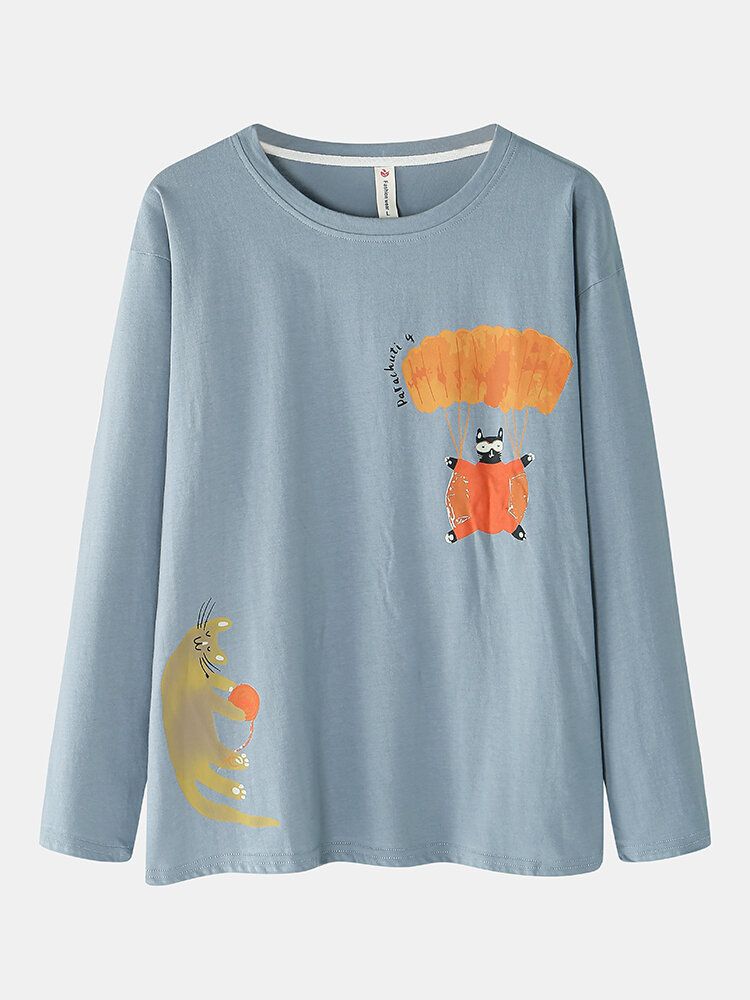 Femmes Drôle Dessin Animé Chat Imprimé Col Rond Pull Taille Élastique Maison Coton Pyjama Ensemble