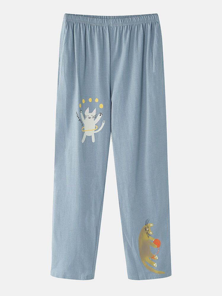 Femmes Drôle Dessin Animé Chat Imprimé Col Rond Pull Taille Élastique Maison Coton Pyjama Ensemble