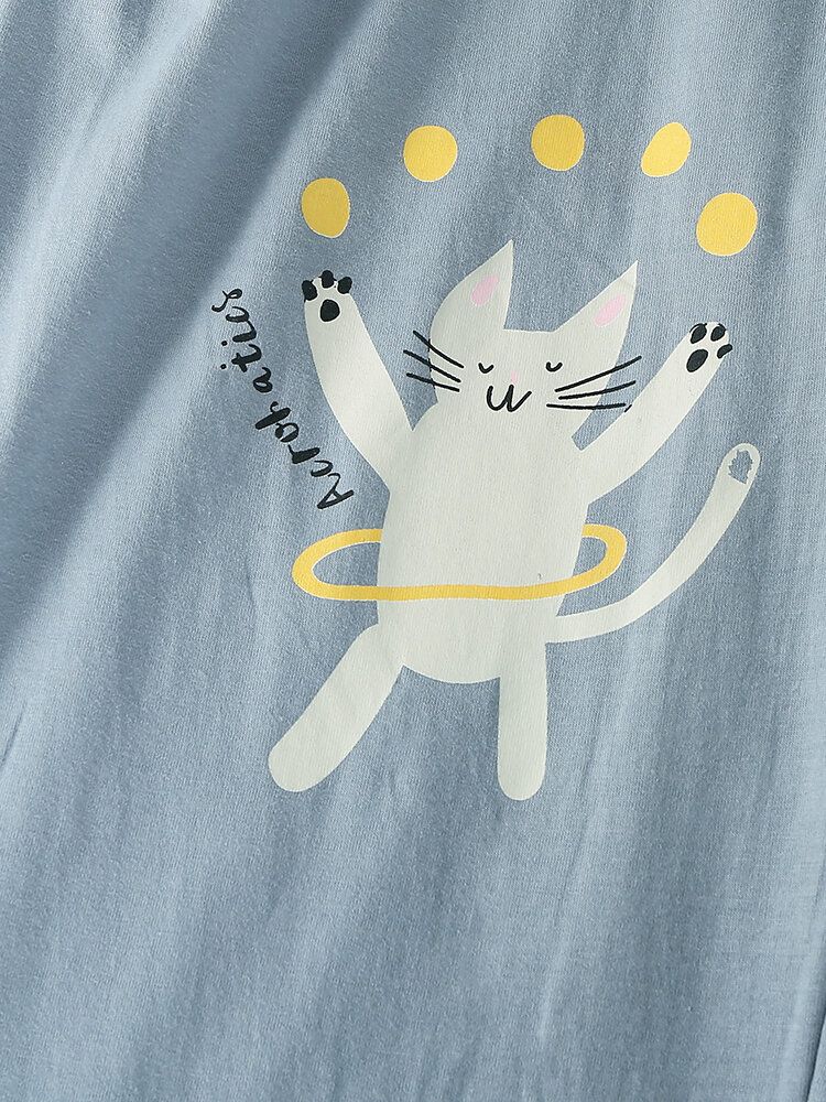 Femmes Drôle Dessin Animé Chat Imprimé Col Rond Pull Taille Élastique Maison Coton Pyjama Ensemble