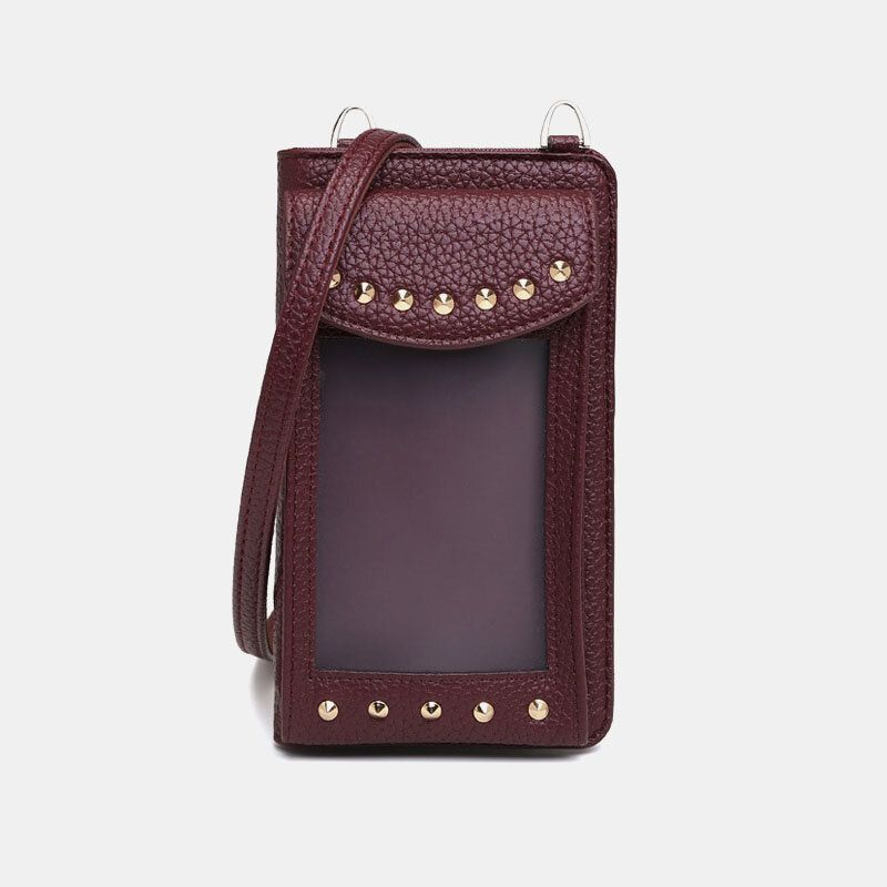 Femmes Écran Tactile 6.3 Pouces Support De Téléphone 10 Fente Pour Carte Rivet Sac À Bandoulière Portefeuille