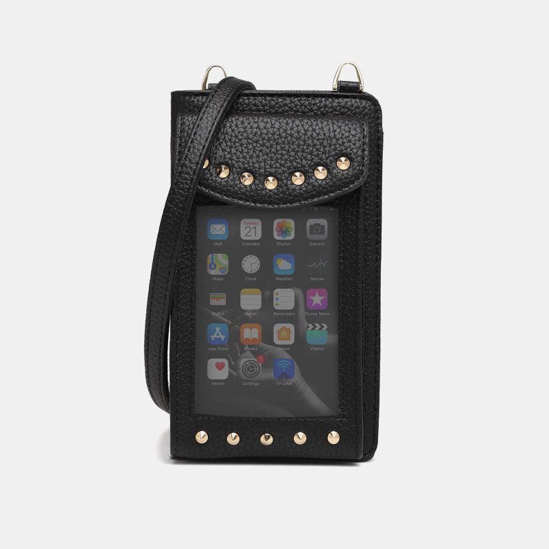 Femmes Écran Tactile 6.3 Pouces Support De Téléphone 10 Fente Pour Carte Rivet Sac À Bandoulière Portefeuille