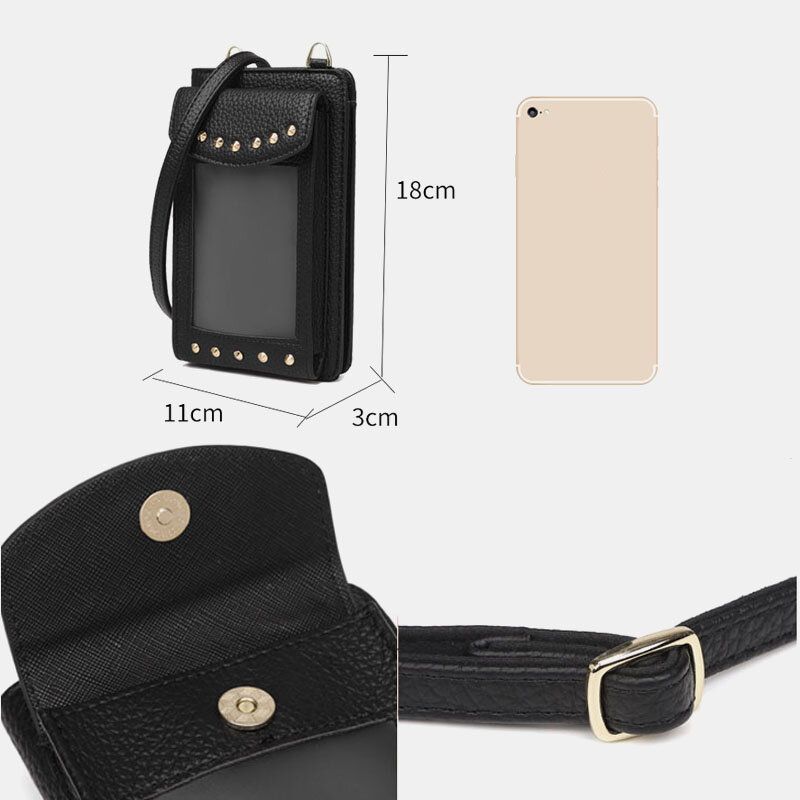 Femmes Écran Tactile 6.3 Pouces Support De Téléphone 10 Fente Pour Carte Rivet Sac À Bandoulière Portefeuille