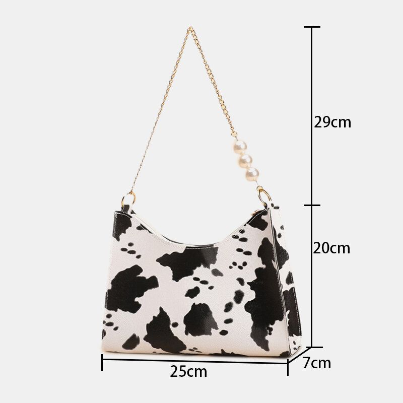 Femmes Élégant Chaîne Perles Décor Exquis Matériel Vache Motif Point Artisanat Étanche Sous Les Bras Sac À Main