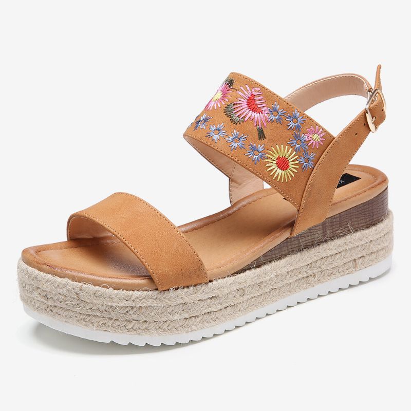 Femmes Espadrilles Broderie Fleurs Boucle Sangle Slingback Plateforme Sandales