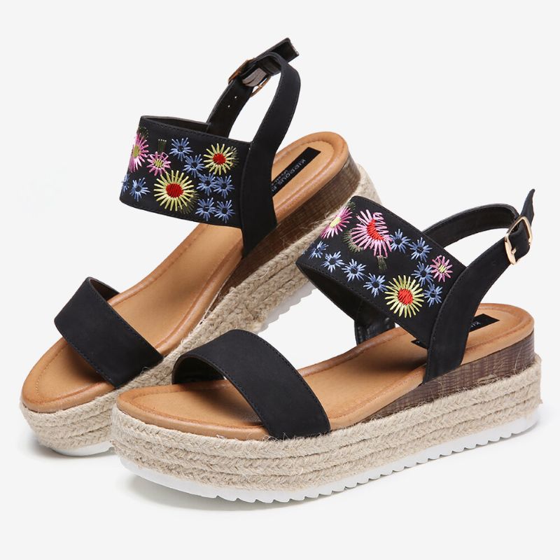 Femmes Espadrilles Broderie Fleurs Boucle Sangle Slingback Plateforme Sandales