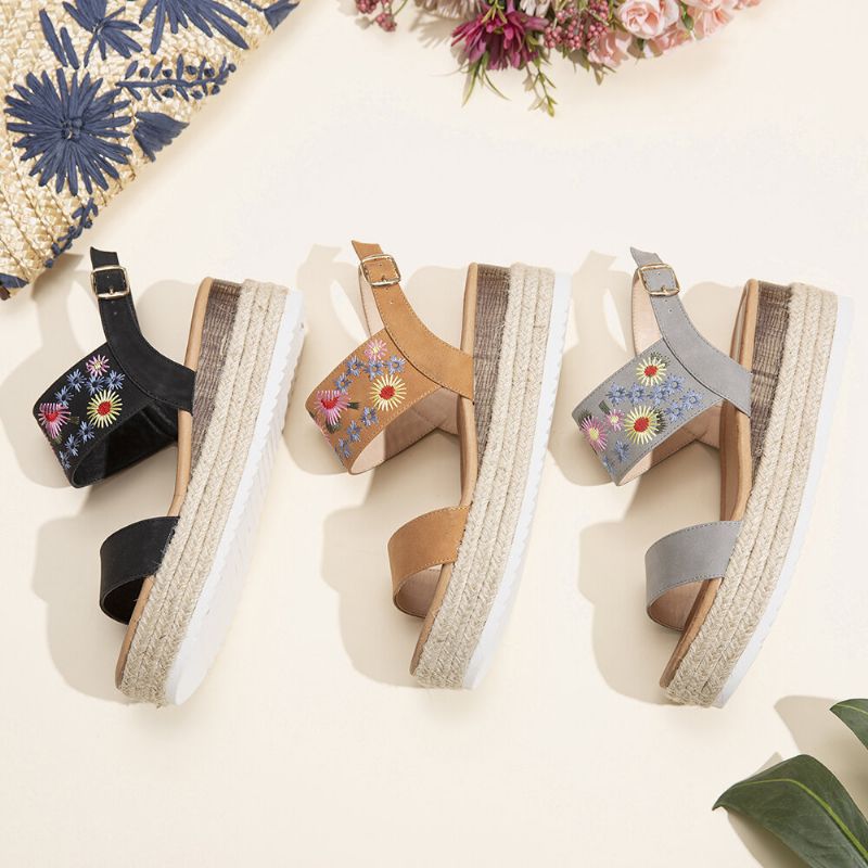 Femmes Espadrilles Broderie Fleurs Boucle Sangle Slingback Plateforme Sandales