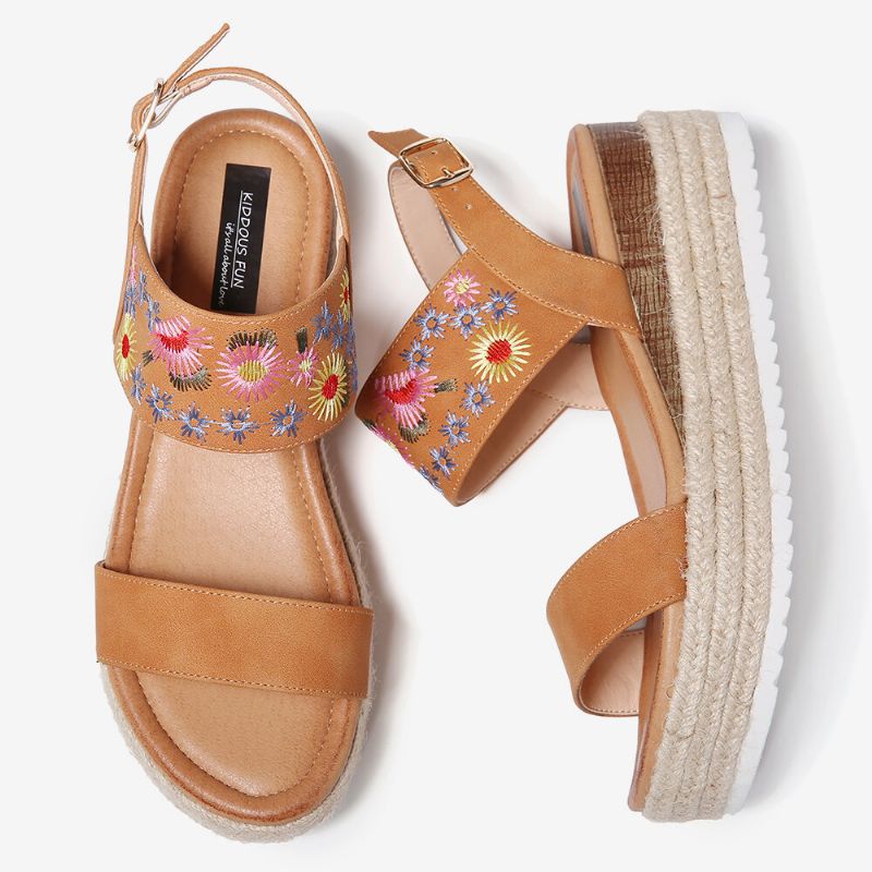 Femmes Espadrilles Broderie Fleurs Boucle Sangle Slingback Plateforme Sandales