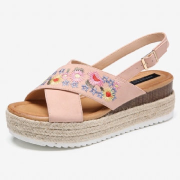 Femmes Espadrilles Broderie Fleurs Cross Strap Slingback Casual Plateforme Sandales