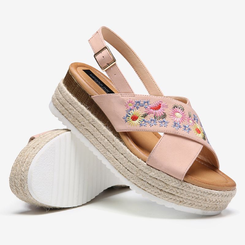 Femmes Espadrilles Broderie Fleurs Cross Strap Slingback Casual Plateforme Sandales