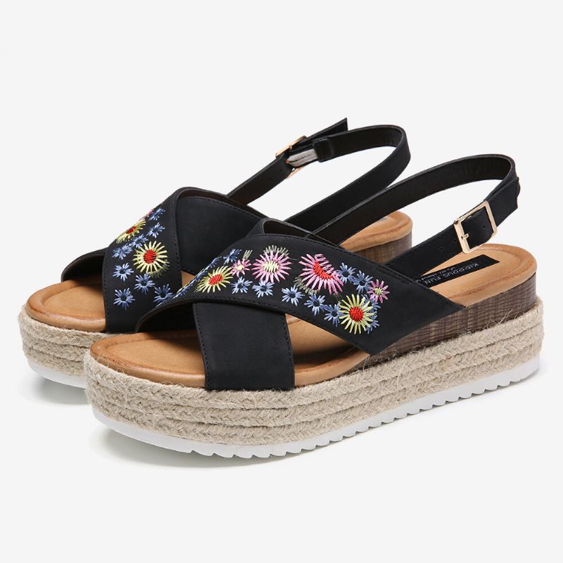 Femmes Espadrilles Broderie Fleurs Cross Strap Slingback Casual Plateforme Sandales