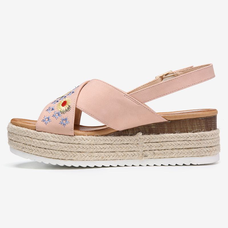 Femmes Espadrilles Broderie Fleurs Cross Strap Slingback Casual Plateforme Sandales