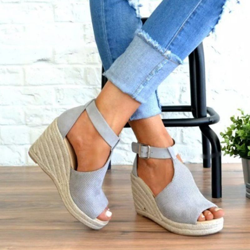 Femmes Espadrilles Peep Toe Buckle Comfy Casual Wedges Sandals