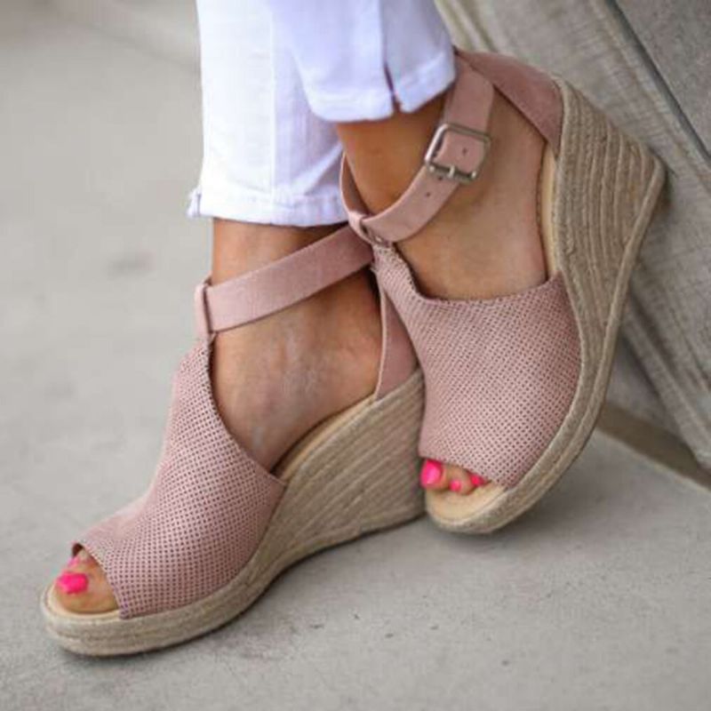 Femmes Espadrilles Peep Toe Buckle Comfy Casual Wedges Sandals