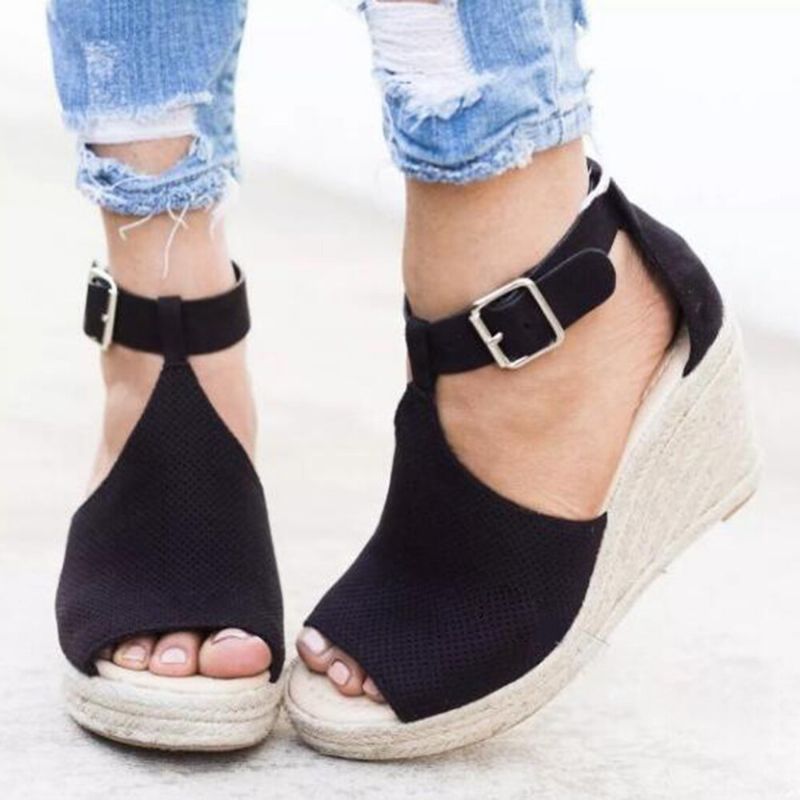 Femmes Espadrilles Peep Toe Buckle Comfy Casual Wedges Sandals