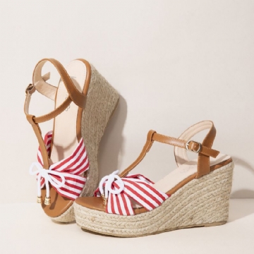 Femmes Espadrilles Rayé T-strap Cross Strap Casual Plage Sandales Compensées