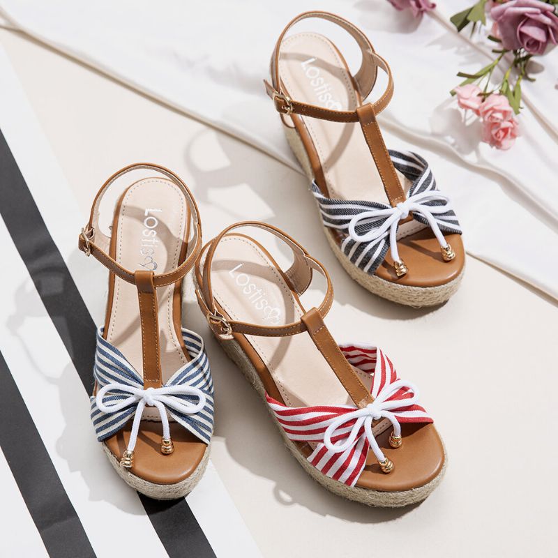 Femmes Espadrilles Rayé T-strap Cross Strap Casual Plage Sandales Compensées