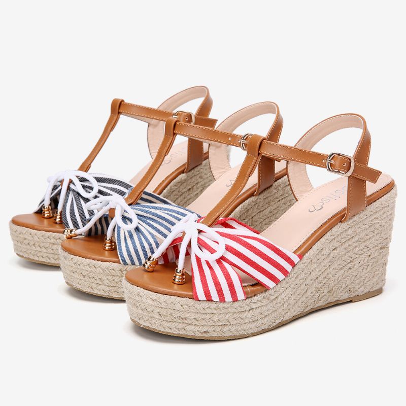 Femmes Espadrilles Rayé T-strap Cross Strap Casual Plage Sandales Compensées