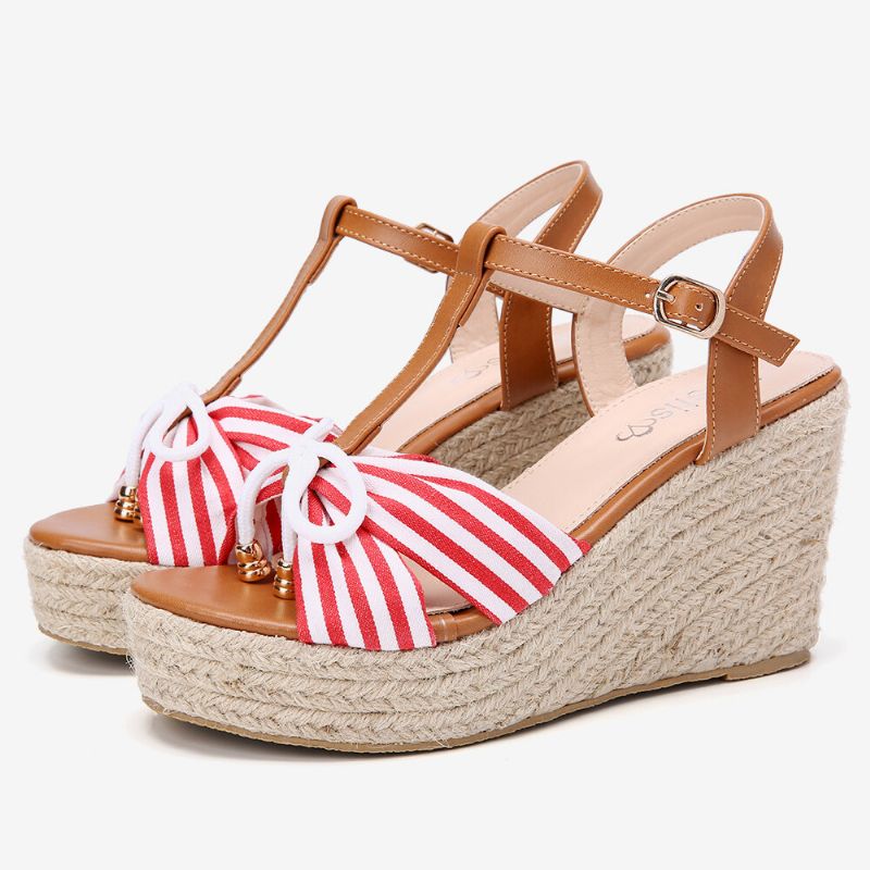 Femmes Espadrilles Rayé T-strap Cross Strap Casual Plage Sandales Compensées