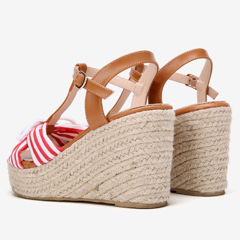 Femmes Espadrilles Rayé T-strap Cross Strap Casual Plage Sandales Compensées