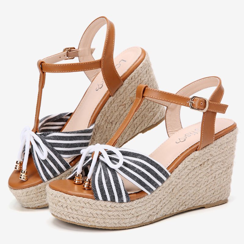 Femmes Espadrilles Rayé T-strap Cross Strap Casual Plage Sandales Compensées