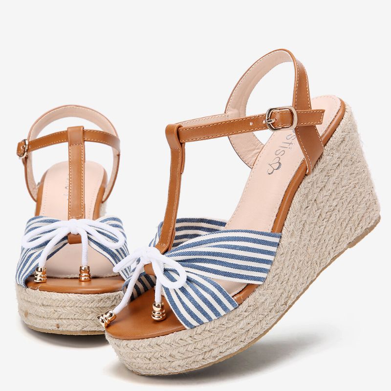 Femmes Espadrilles Rayé T-strap Cross Strap Casual Plage Sandales Compensées