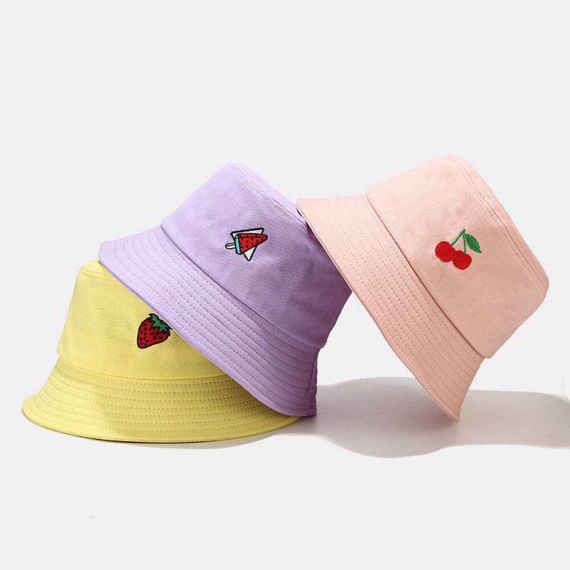 Femmes D'été Protection Uv Motif De Fruits Broderie Casual Mignon Visière Soleil Chapeau Seau Chapeau